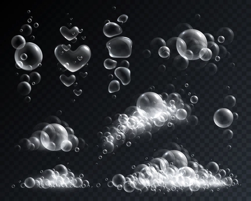 Soap foam and bubbles of different shape realistic set isolated on transparent background vector illustration