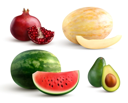 Realistic set of colorful whole and cut fruits with pomegranate melon watermelon and avocado isolated on white background vector illustration