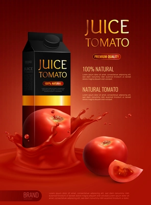 Advertising composition with packet of natural tomato juice realistic vector illustration