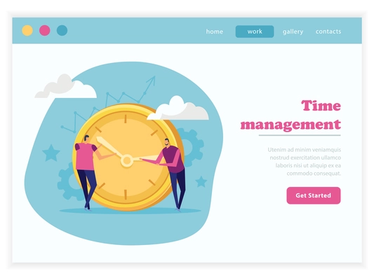 Effective management concept flat landing page with editable text get started button and doodle images composition vector illustration