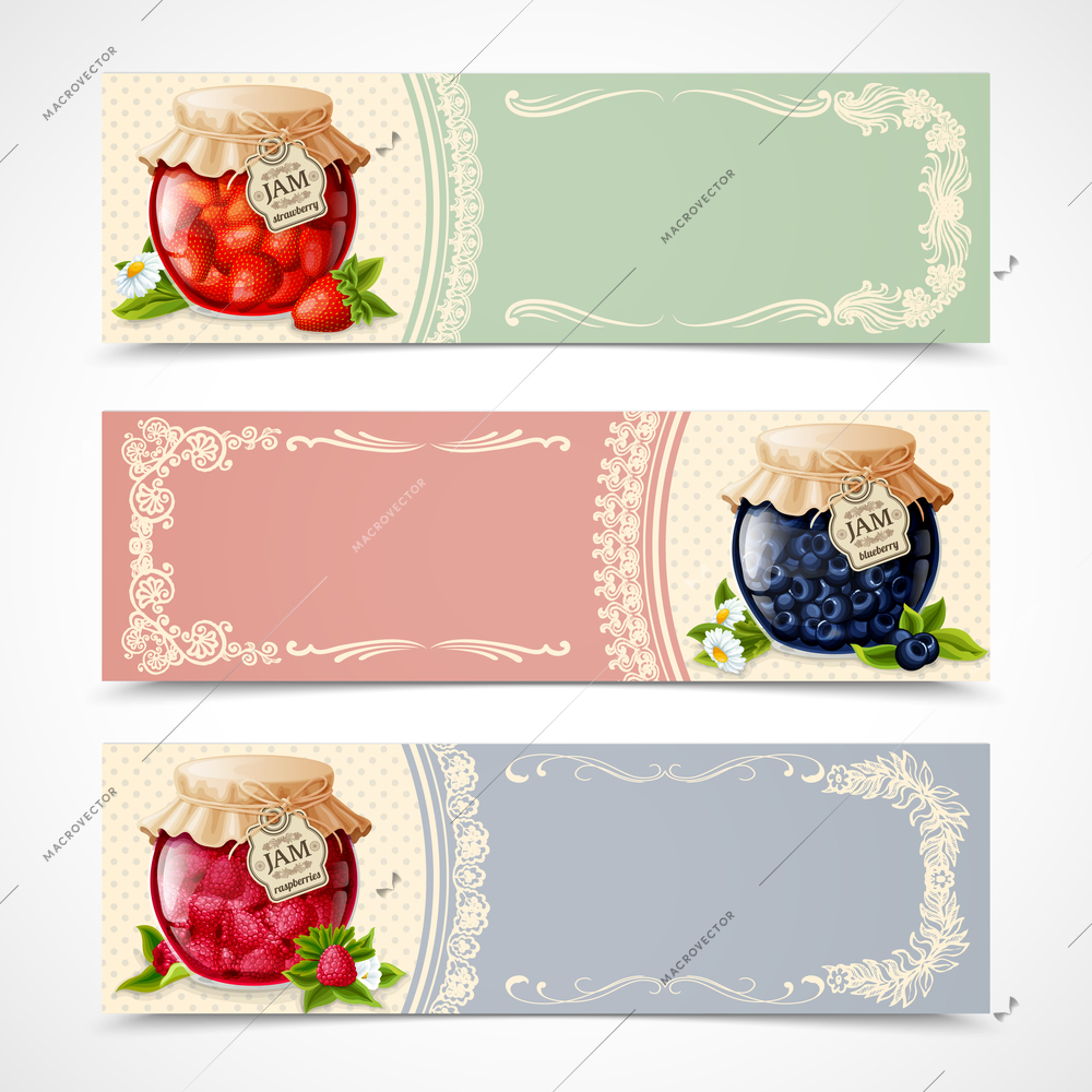 Natural organic forest berry jam in glass jar banners set isolated vector illustration.