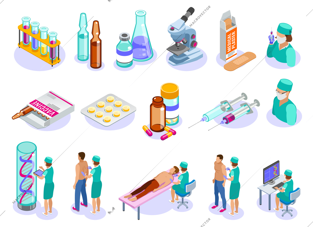 Set of isolated vaccination isometric icons with human characters of medical professionals patients and pharmaceutical drugs vector illustration