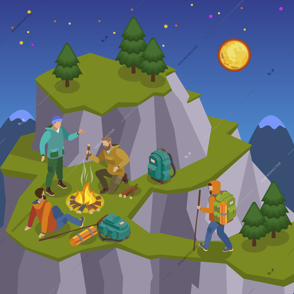 Hiking isometric composition with night wild landscape images of mountain with walking and camping tourist characters vector illustration