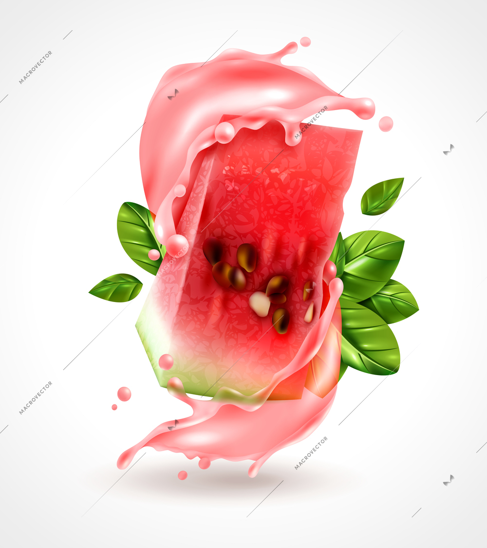 Watermelon party serving triangle wedge piece realistic composition with juice splash and fresh basil leaves vector illustration