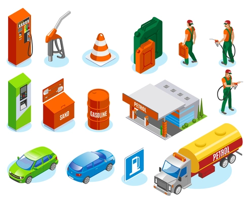 Gas stations refills isometric icons collection with fuelman characters and isolated images of cars and refuelling units vector illustration