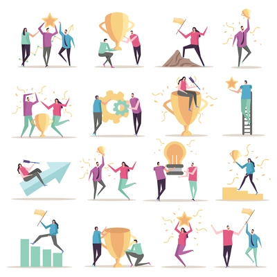 Success concept flat icons collection with isolated doodle style human characters with conceptual symbols and pictograms vector illustration