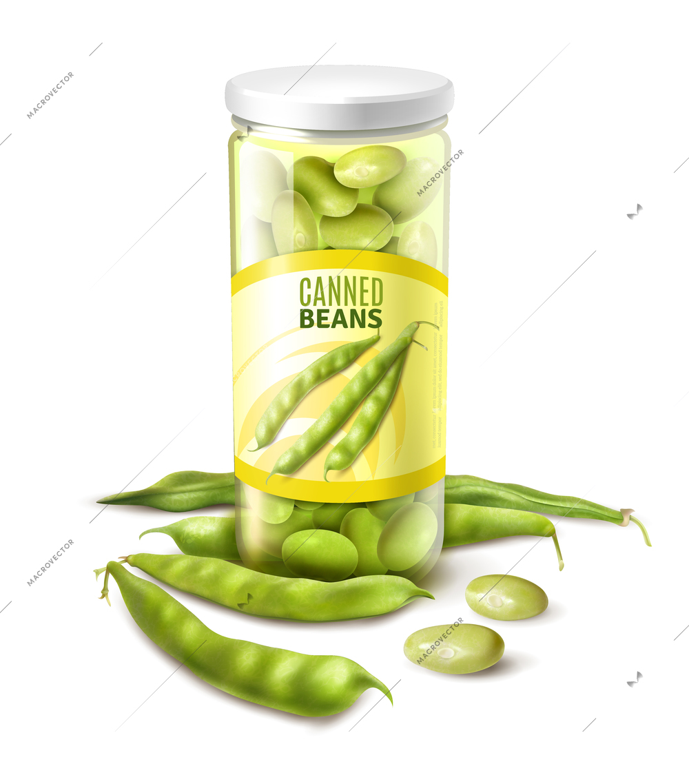 Canned green beans in glass jar realistic close up composition with fresh pods white background vector illustration