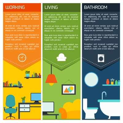 House interiors banners with working living room bathroom isolated vector illustration