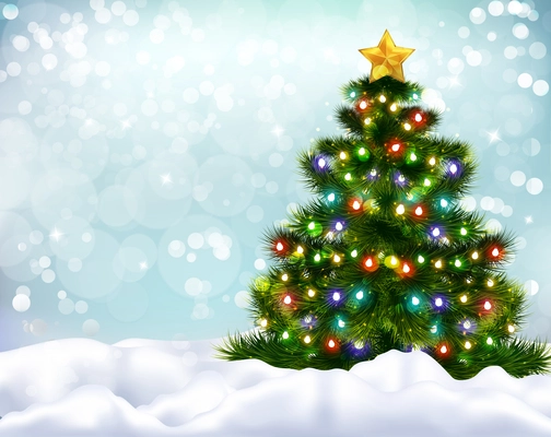 Realistic background with beautiful decorated christmas tree and snow banks vector illustration