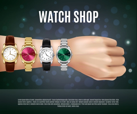 Jewelry realistic composition with watch shop headline men s hand and four different watches vector illustration