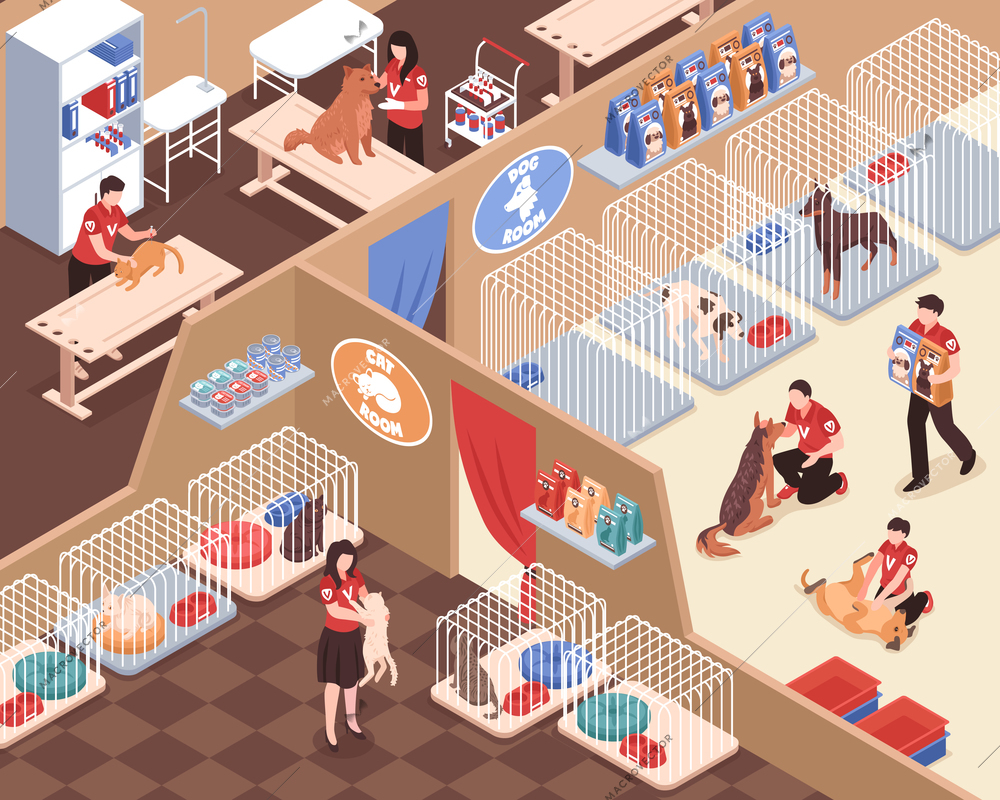 Animal shelter with staff volunteers rooms for dogs and cats vet service isometric vector illustration