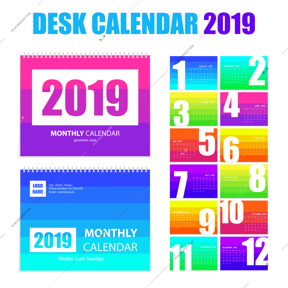 Monthly desk calendar 2019 printable  templates in bright rainbow colors pages realistic images set isolated vector illustration