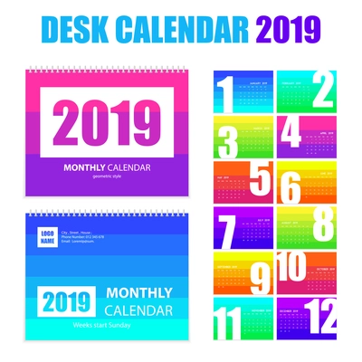 Monthly desk calendar 2019 printable  templates in bright rainbow colors pages realistic images set isolated vector illustration