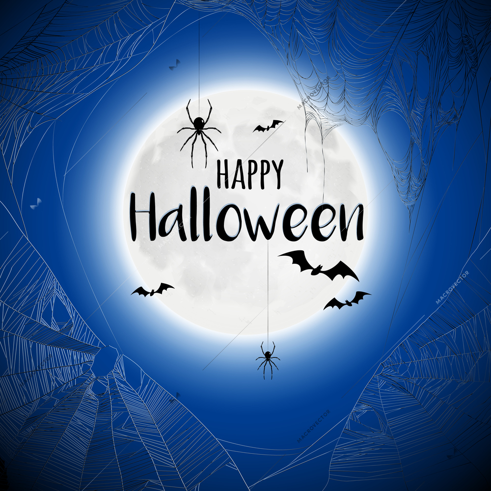 Happy halloween beautiful black blue background poster with flying bats and spiders hanging from cobwebs vector illustration