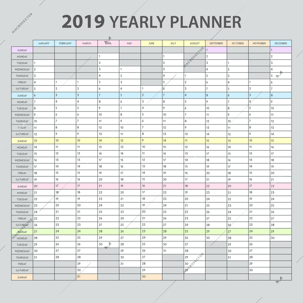 Yearly planner 2019 realistic printable template for office appointments tasks management overview calendar grey background vector illustration