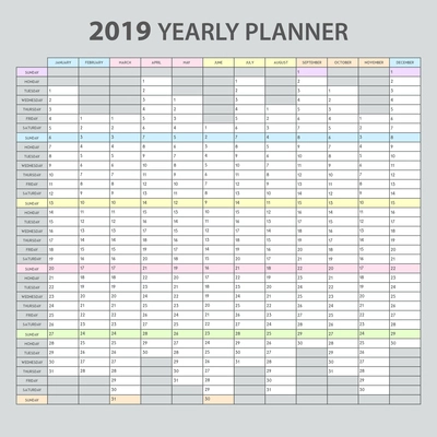 Yearly planner 2019 realistic printable template for office appointments tasks management overview calendar grey background vector illustration