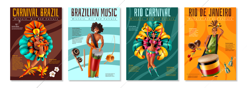 Brazilian annual carnival festival celebrations realistic colorful posters set with traditional musical instruments costumes isolated vector illustration