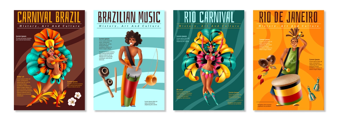Brazilian annual carnival festival celebrations realistic colorful posters set with traditional musical instruments costumes isolated vector illustration