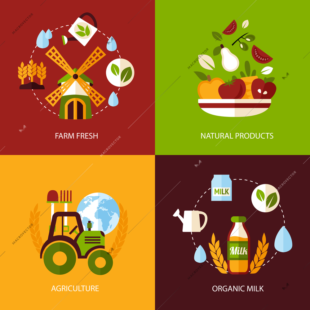 Farm fresh natural products organic agriculture food icons set isolated vector illustration.