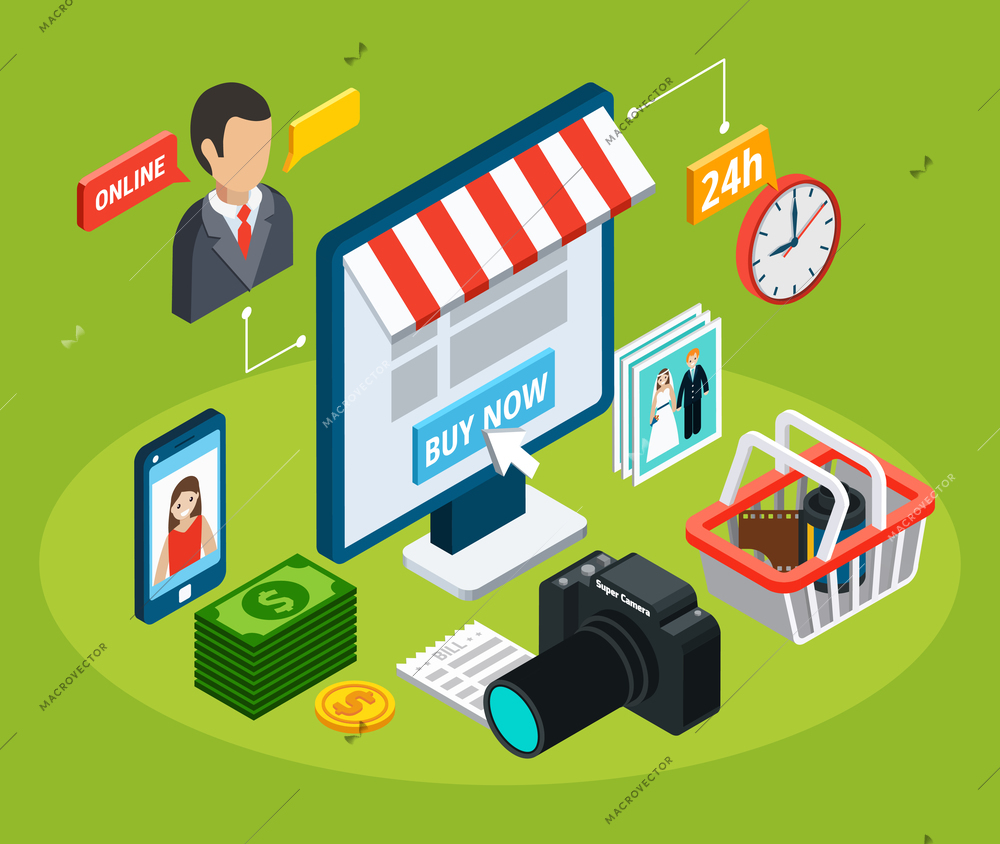 Photo video isometric composition with conceptual images of online electronic store with items and pictogram icons vector illustration