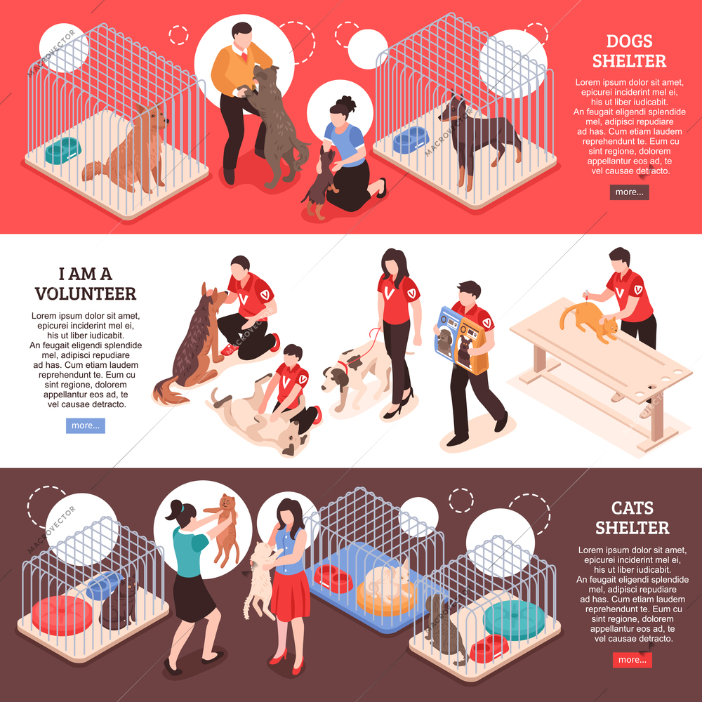 Animal shelter for dogs and cats and work of volunteers horizontal isometric banners isolated vector illustration