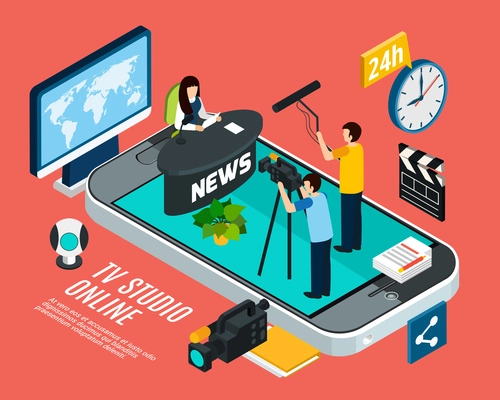 Photo video isometric background with conceptual online tv studio on smartphone screen with people and icons vector illustration