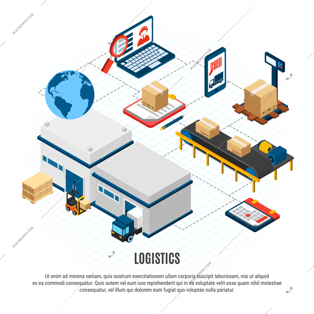 Online delivery service logistics isometric flowchart with freight vehicles and warehouse building 3d isometric vector illustration