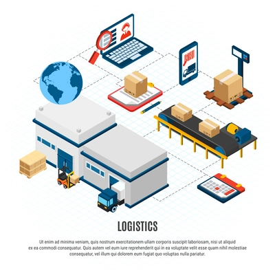 Online delivery service logistics isometric flowchart with freight vehicles and warehouse building 3d isometric vector illustration