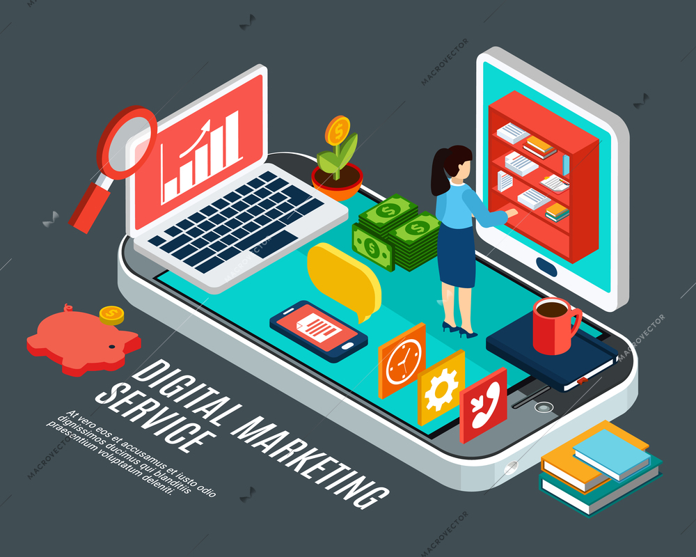 Digital marketing service isometric concept with various electronic devices and woman at work on grey background 3d vector illustration