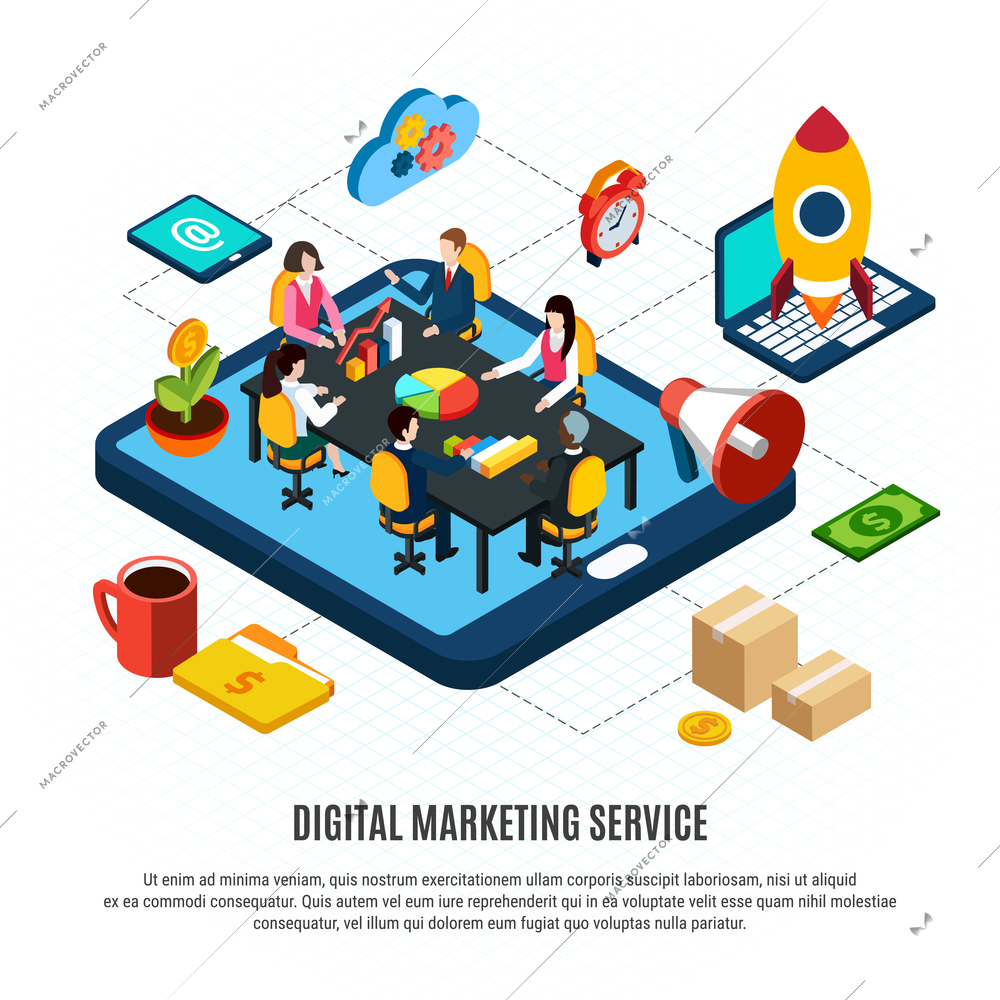 Digital marketing isometric flowchart with people working on business plan on white background 3d vector illustration