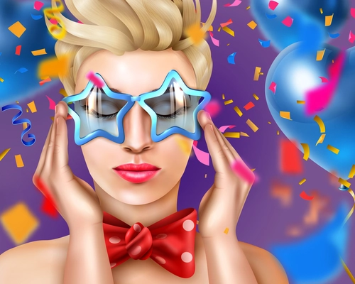 Woman head shoulders with carnival accessories against party background realistic poster with star shaped glasses vector illustration