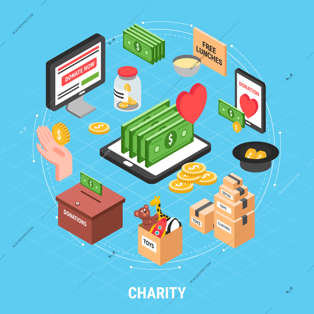 Charity isometric design concept with dollar bills carton of clothes and box for collecting donations vector illustration