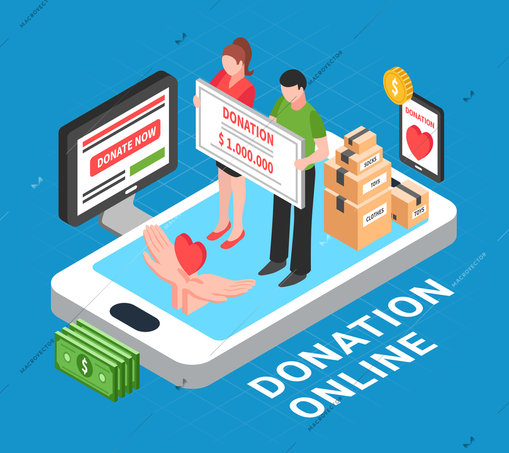 Donation online isometric composition with heart symbol in human palms and people conducting donation drive vector illustration