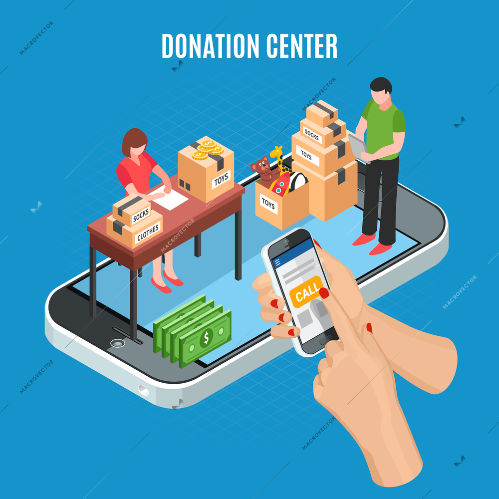 Donation center isometric background with mobile app for call and employees sorting cardboard boxes of charitable items vector illustration