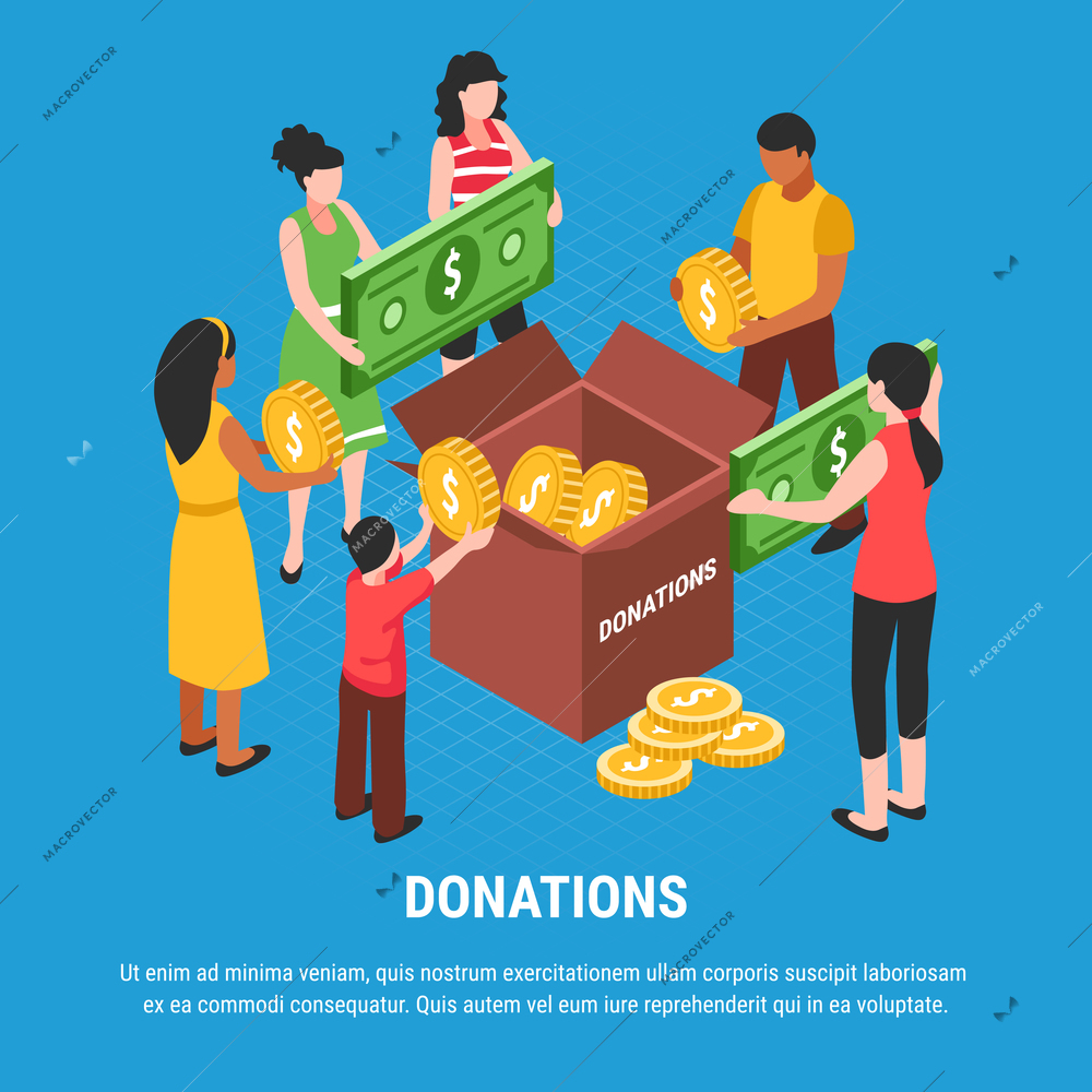 Donations advertising  background with people putting coins and bills in donation box isometric vector illustration