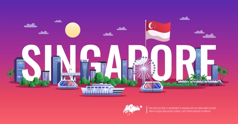 Singapore colorful horizontal illustration of panoramic view with modern buildings ships and vehicles flat vector illustration