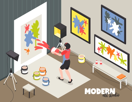 Modern art studio with woman artist during creative work with paints and canvas isometric vector illustration