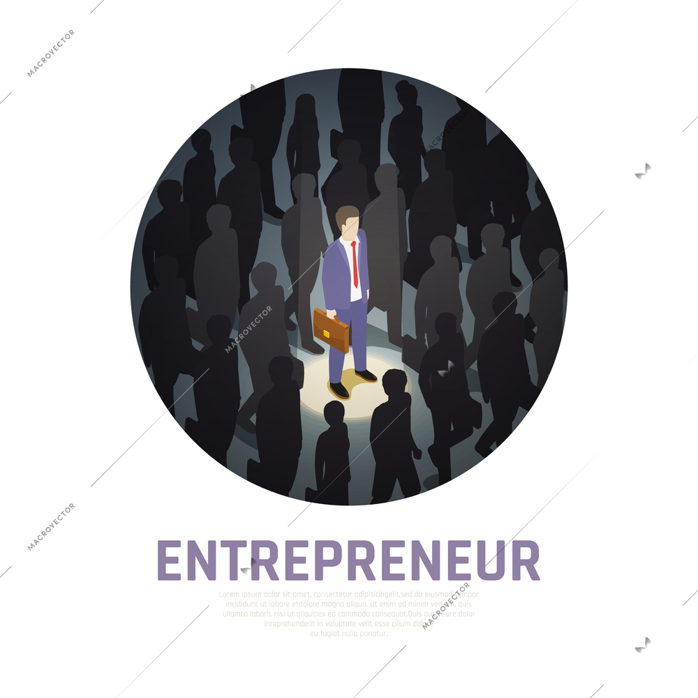 Entrepreneur concept isometric composition illuminated business man with briefcase and surrounding silhouettes of people vector illustration