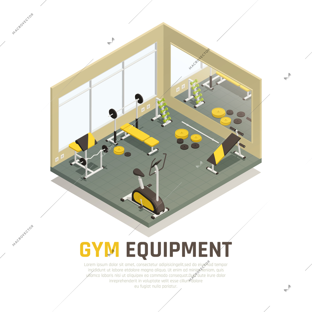 Sport hall with black yellow exercise equipment and mirror on wall isometric composition vector illustration