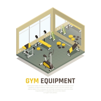 Sport hall with black yellow exercise equipment and mirror on wall isometric composition vector illustration