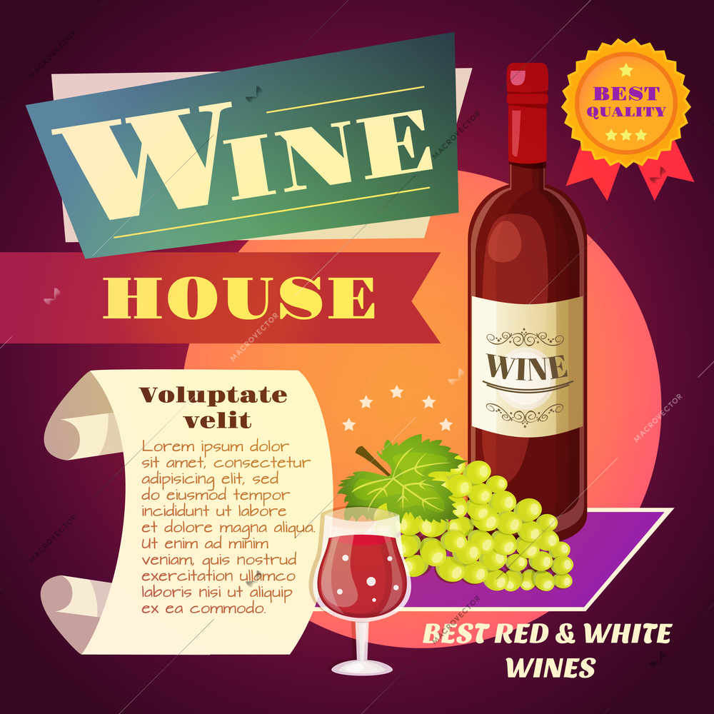 Wine house restaurant vintage poster with bottle and grape bunch vector illustration