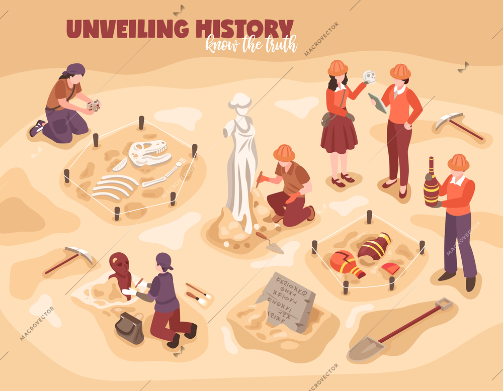 Archeology isometric composition scientists during work with historical finds ancient sculpture amphorae dinosaur skeleton vector illustration