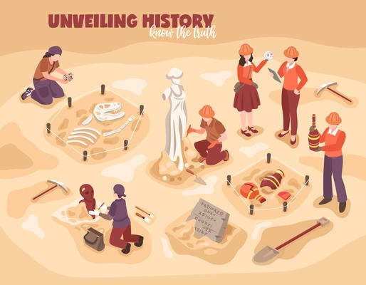 Archeology isometric composition scientists during work with historical finds ancient sculpture amphorae dinosaur skeleton vector illustration