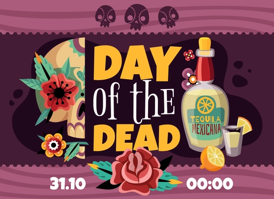 Dead day party announcement horizontal poster with data time tequila rose flower sculls colorful decorative vector illustration