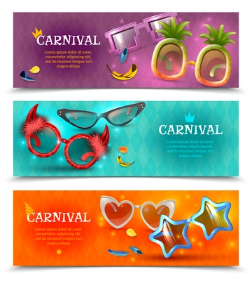 Funny carnival party costume eye glasses heart star shaped sunglasses 3 horizontal colorful realistic banners vector illustration