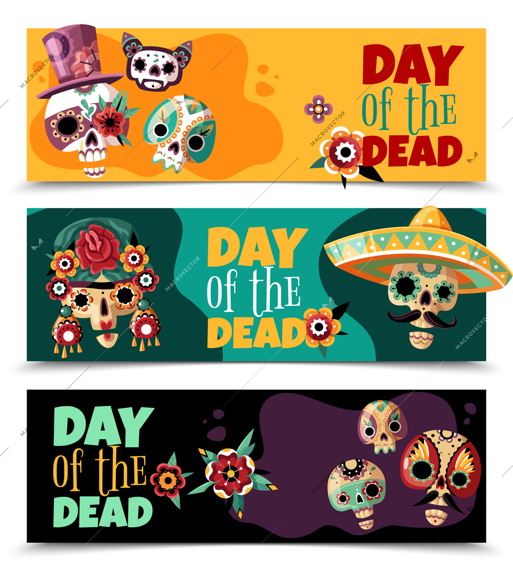 Dead day celebration 3 colorful background horizontal banners set with funny ornamented sculls masks isolated vector illustration