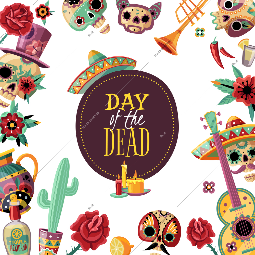 Dead day square frame poster with event symbols decorative border guitar scull in sombrero cactus vector illustration