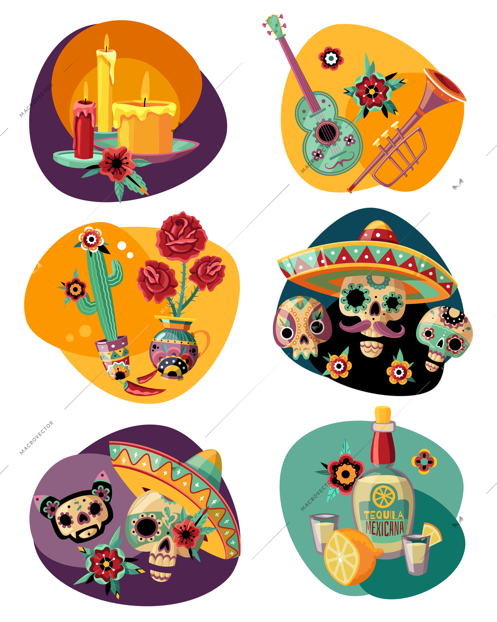 Dead day celebration 6 colorful compositions set with ornamented sugar sculls masks candles tequila isolated vector illustration