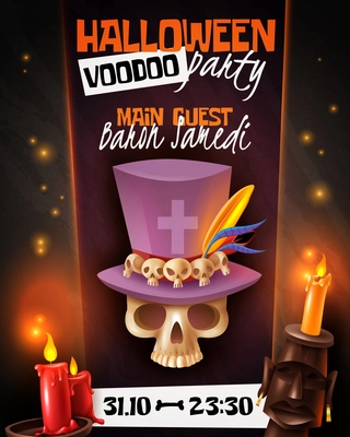 Halloween voodoo party announcement invitation poster with skull in hat mask candles light black background vector illustration