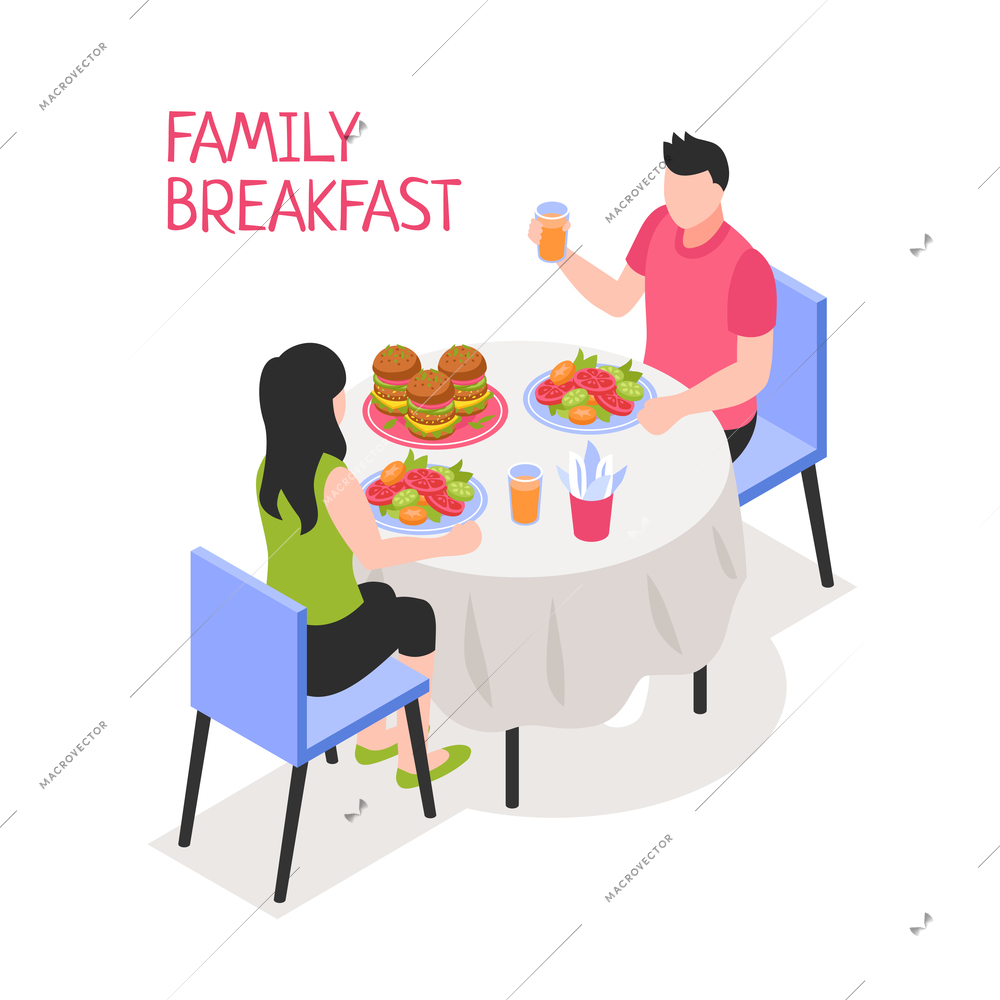 Daily family breakfast man and woman during morning meal at table on white background isometric vector illustration